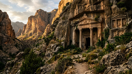 Naklejka premium Ancient rock-cut temple facade in sunlit mountain canyon.
