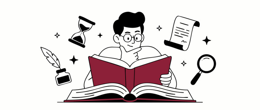Man reading book studying research history and literature, scholar analyzing open big book with hourglass quill magnifying glass icons line art vector banner. Concept of learning and knowledge.