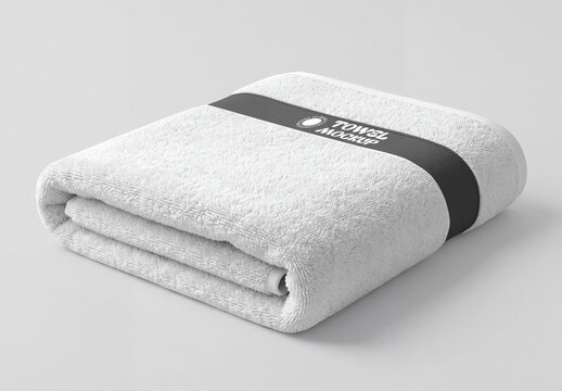 Folded White Towel Mockup with Label Band on Gray Background