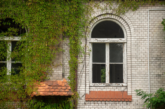 Abandoned overgrown mansion with spiral staircase, old car and ruined interior