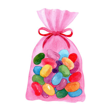 Pink candy bag filled with colorful jelly beans and tied with a ribbon bow. Watercolor sweet gift for Sweetest Day, candy bar, birthday, party favor and dessert table.
