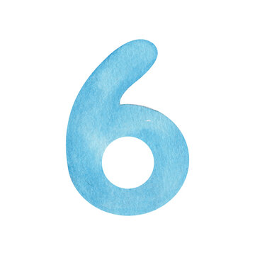 Blue watercolor number six. Pastel numeral for birthday, age six, counting, preschool learning, educational cards, party decor and children design.