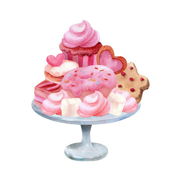 Pink watercolor dessert stand with cupcake, donut, cookies, meringues and marshmallows. Sweet composition for candy bar, dessert table, birthday party and bakery design.