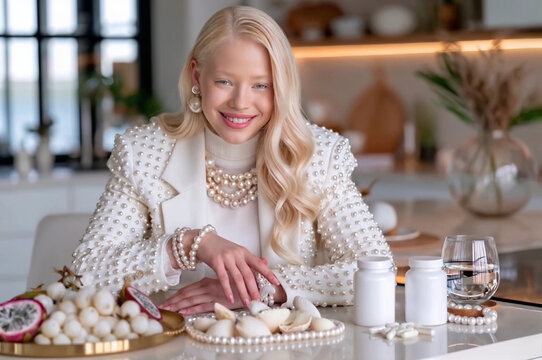 Albino woman in luxurious pearl dress takes her morning vitamins in kitchen decorated with white seashells and passionfruit. Dietary supplement, morning medication intake and healthy lifestyle concept
