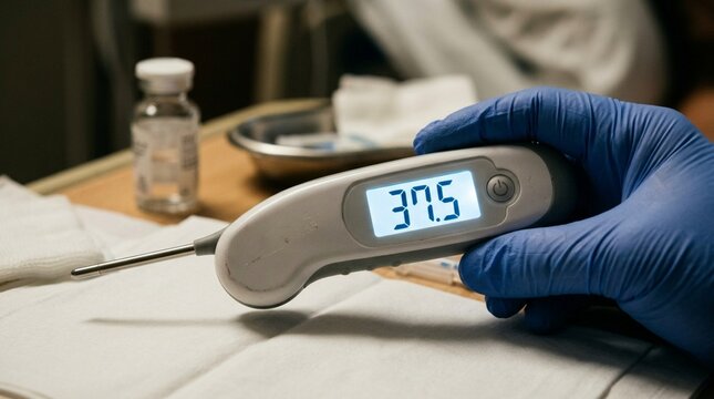 Doctor's Hand in Blue Glove Holding Digital Thermometer Showing 37.5 Degrees Celsius