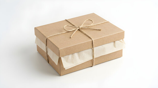 Brown cardboard gift box tied with rustic twine string on a white background