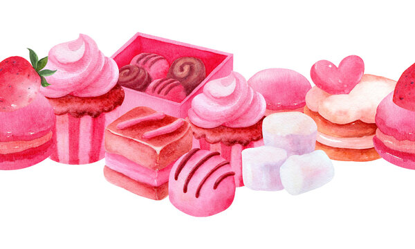 Watercolor dessert border with pink cupcake, donut, macaron, marshmallow and chocolate box. Cute romantic clipart for Valentine card, banner, invitation, bakery branding and packaging.