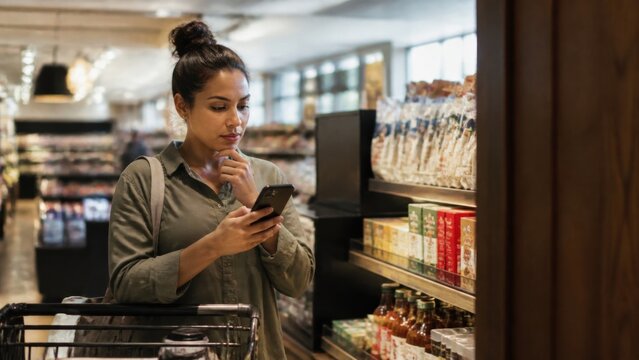 A shopper pausing beside an attractive checkout display and reviewing a short list on a phone with no readable text, layered environmental