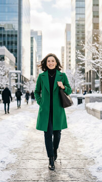 Woman in green coat walking on snowy city sidewalk. Winter fashion, urban lifestyle, business casual, cold weather.