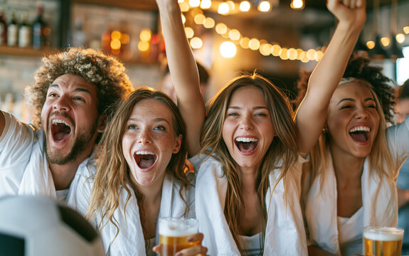 Euphoric sports fans jumping and shouting while celebrating a soccer goal at a pub bar.