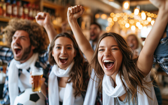 Euphoric sports fans jumping and shouting while celebrating a soccer goal at a pub bar.