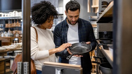 Fototapeta premium A couple choosing a durable cast iron pan in a kitchen supply shop with no brand marks, layered environmental composition, for technology