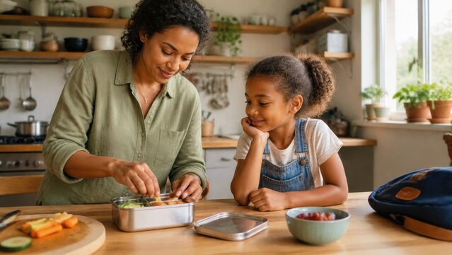 A parent packing a repairable stainless steel lunchbox for a child, candid medium action view, for advertising and commercial stock use