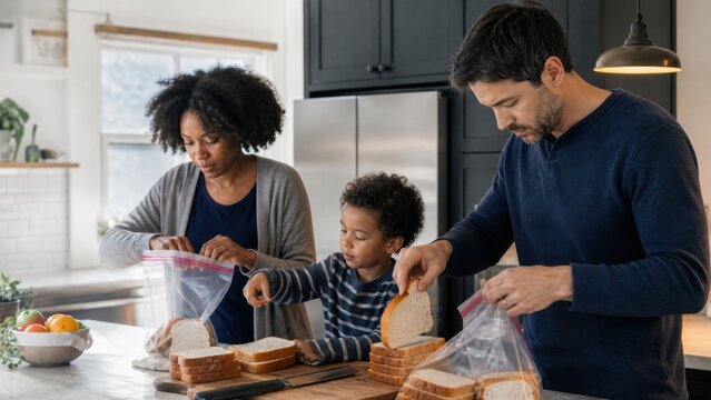 A family freezing extra bread slices before they become stale in a realistic home kitchen, overhead editorial composition, for technology