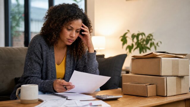 A woman reviewing a simple household budget after an impulsive shopping trip while unopened plain parcels sit nearby, layered environmental