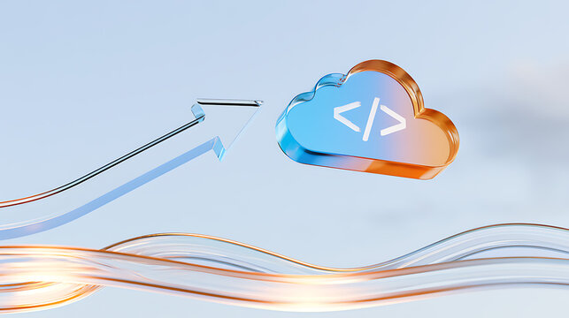 Glass cloud symbol with code sign and arrow pointing up on light blue background, concept of cloud computing and web development data
