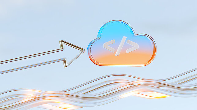 3D render of cloud computing concept with glass arrow pointing at blue and orange icon featuring code symbol over abstract wave lines