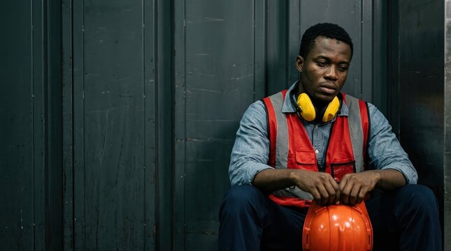 Construction worker burnout, job stress, safety pressure concept with tired worker holding helmet.