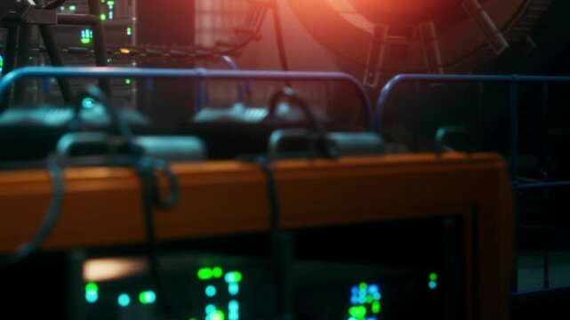 A workspace is filled with control panels and equipment. Lights from devices glow in the dark. The scene captures the atmosphere of an active workshop in the evening.