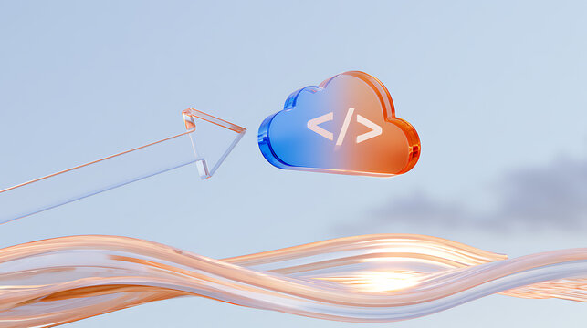 3D render of a glass cloud icon with code symbol, pointed by an arrow, representing software development and cloud computing solution