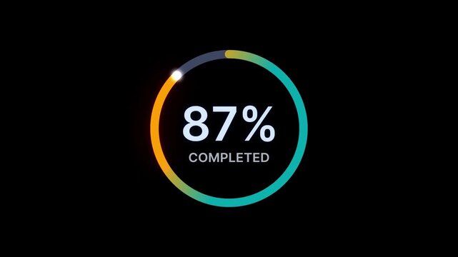 Animation of a circular performance ring zero to seventy five percent overlay on a black background. Digital dashboard UI element, business productivity and system efficiency concept.