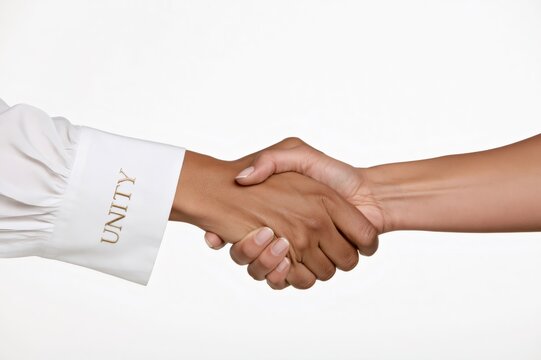 Two people shaking hands with unity embroidered on a white sleeve