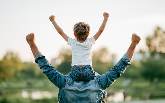 Dad and son outdoors. Happy family