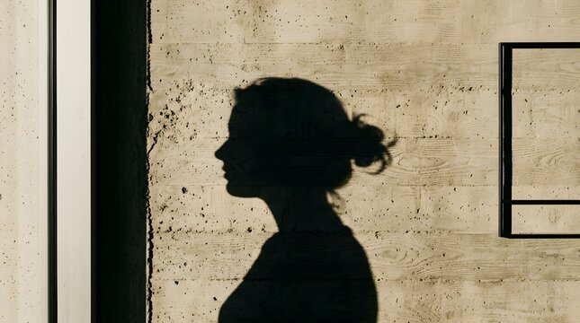 : Profile shadow silhouette of young woman head and hair projected on rustic concrete wall surface close up