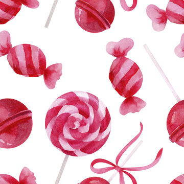 Watercolor pink candy seamless pattern with lollipops and wrapped sweets. Sweet background for Valentine, birthday, candy shop, wrapping paper, fabric, packaging, cards and party decor.