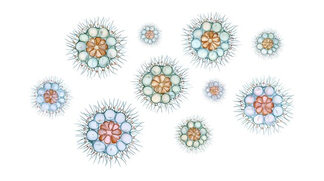 Microscopic organisms floating in an abstract biological environment