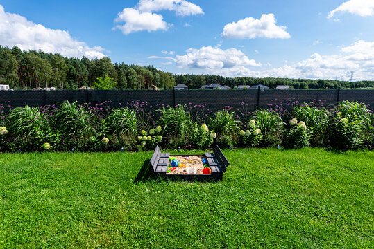 Backyard garden with sandbox and various plants