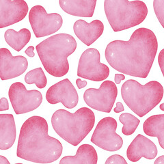 Obraz premium Watercolor pink hearts seamless pattern. Romantic background for Valentine, wedding, anniversary, wrapping paper, fabric, packaging, cards, invitations and love themed design.