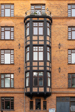 Copenhagen traditional brick building with ornate bay window