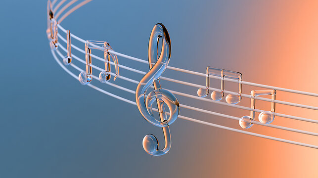 Transparent glass treble clef and music notes on staff lines, artistic 3d render composition for audio and melody creative concepts