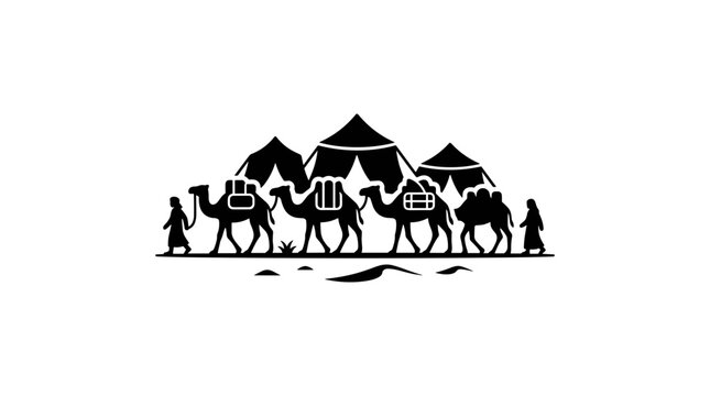 Caravan of camels walking through desert with tents.