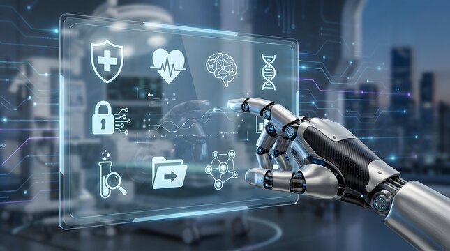 Automated healthcare diagnostics featuring artificial intelligence robotic hand interacting with secure digital medical dashboard