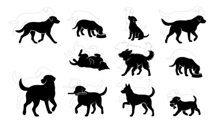 Obraz premium Dog Silhouettes Set with Various Poses and Actions Featuring Dogs, Silhouette