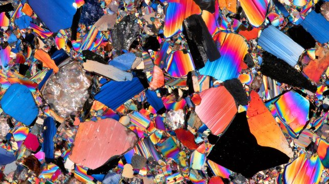 Mineral thin section showing colorful polarized light microscopy