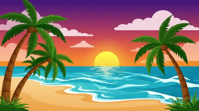 Slow animation of a tropical sunset beach. Palm trees sway gently in the breeze. Stylized ocean waves ripple toward the shore with 4k