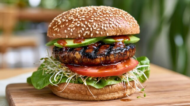 Vegan plant based burger with avocado and sprouts