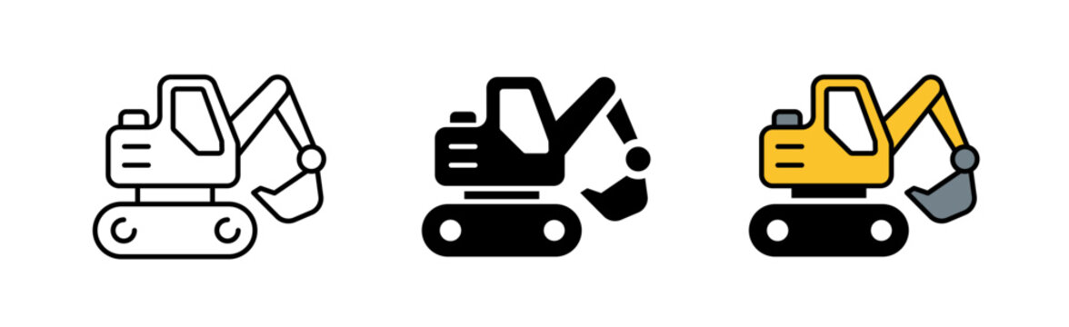 Excavator icon set in outline, solid, and filled color styles. Heavy construction machinery, digger, building equipment vector line art symbols for web and app design.