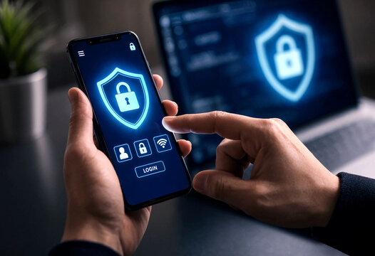 Person using smartphone with security app showing shield lock icon on screen for login process