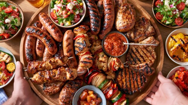 Hands serving barbecue platter with grilled meat and vegetables