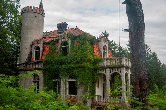 Abandoned overgrown mansion with spiral staircase, old car and ruined interior