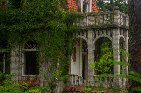 Abandoned overgrown mansion with spiral staircase, old car and ruined interior