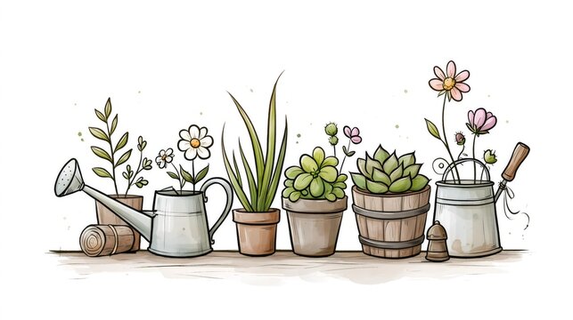 Garden plants and tools growing on a wooden shelf