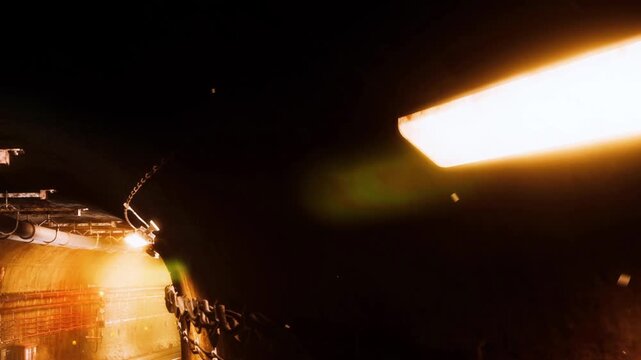 A light fixture hangs from the ceiling in a dark tunnel. Train tracks run along the ground. The walls are rough and wet. The scene shows the inside of a subway area.