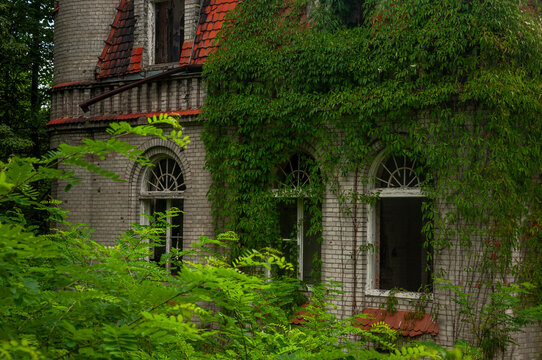 Abandoned overgrown mansion with spiral staircase, old car and ruined interior
