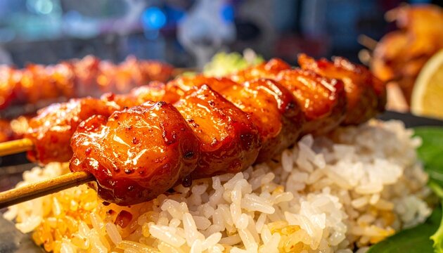 Thai Moo Ping Grilled Pork Skewers Close Up