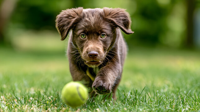 An adorable brown puppy with green eyes runs toward the camera chasing a tennis ball in a grassy park.